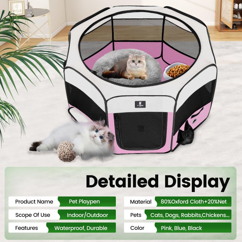 X-ZONE PET Dog Playpen Portable Pet Play Pens for Puppies, Cat, Rabbit, Chicks, Foldable Exercise Play Tent Kennel Crate, Indoor/Outdoor Travel Camping Pink Small - Image 3